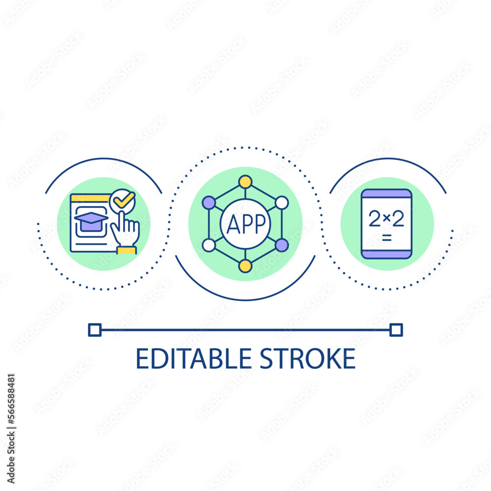 Educational app loop concept icon. Software for online learning. Internet materials for students abstract idea thin line illustration. Isolated outline drawing. Editable stroke. Arial font used Educational app loop concept icon. Software for online learning. Internet materials for students abstract idea thin line illustration. Isolated outline drawing. Editable stroke. Arial font used