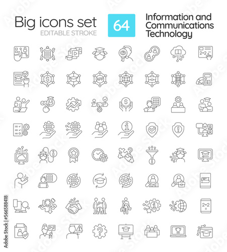 Information and communications technology linear icons set. Big data processing. ICT integration. Customizable thin line symbols. Isolated vector outline illustrations. Editable stroke