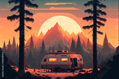 Camping Urlaub  camping in the woods  campsite with trailer and campfire  landscape in retro style  Generative AI