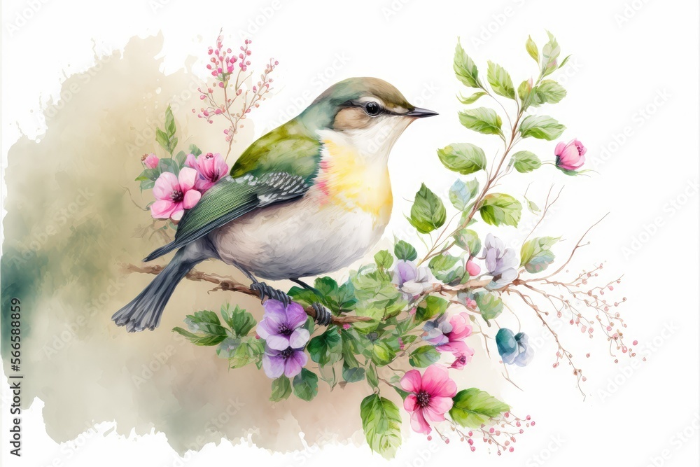 bird on a branch , watercolor illustration, ai generated