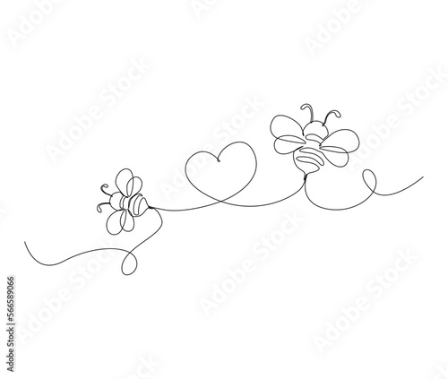 Continuous one line drawing of fliying bee shapped love. Simple illustration of honey bee line art vector illustration.
