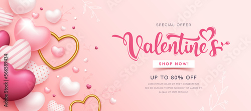 Happy Valentine's day sale, pink and gold heart design, banner pink background, EPS10 Vector illustration.
