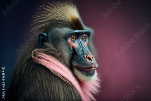 pink fur mandrill monkey on the pink background , ai generated