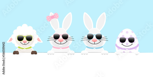 Schaf 2 Weiße Osterhasen Mädchen/Junge & Osterei Sonnenbrille Banner Himmel