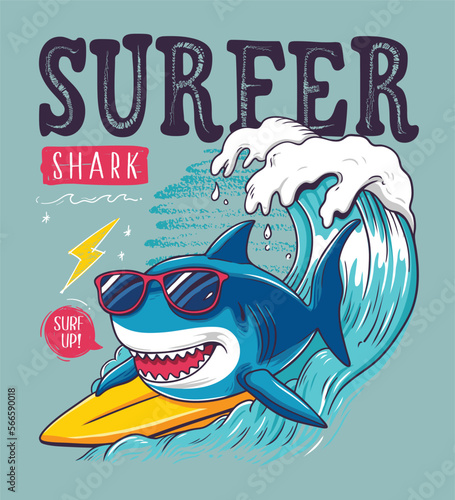 Cool cartoon shark surfing on a big wave, Vector clip art