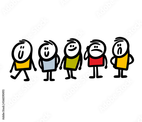 Queue of waiting people in colorful clothes with positive and negative emotions.