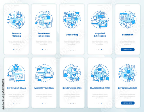 Information technology staffing blue onboarding mobile app screens set. Walkthrough 5 steps editable graphic instruction with linear concepts. UI, UX, GUI template. Myriad Pro-Bold, Regular fonts used