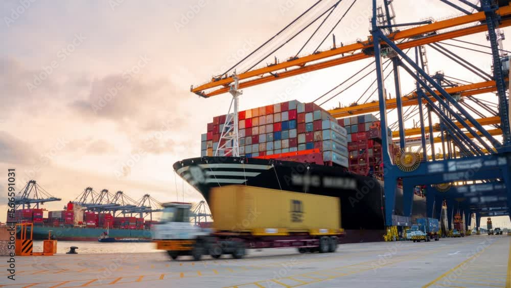 Timelapse unloading Cargo container box to Trucks in Shipyard Cargo Container Sea Port Freight forwarding service logistics and transportation. International Shipping Depot Custom Port  import export
