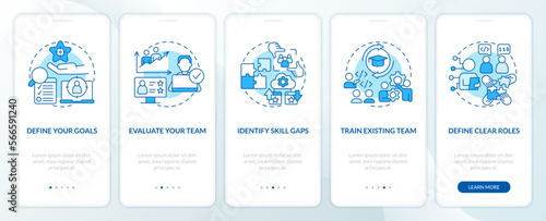 IT staffing tips blue onboarding mobile app screen. Hiring process walkthrough 5 steps editable graphic instructions with linear concepts. UI, UX, GUI template. Myriad Pro-Bold, Regular fonts used