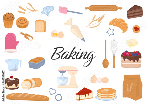 Bakery and baking utensils elements on white background