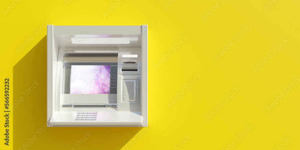 ATM on empty yellow lime wall background. Ad template, copy space. 3d render ATM on empty yellow lime wall background. Ad template, copy space. 3d render