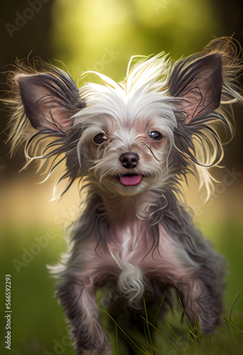 Chinese Crested puppy playing in the garden, Generative AI