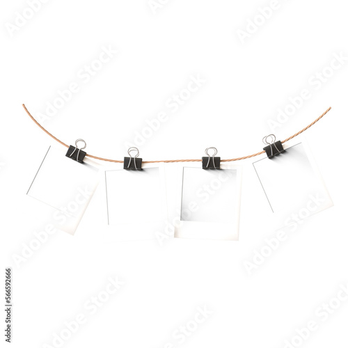 polaroid group photo frame 3d render realistic with paper clip and string