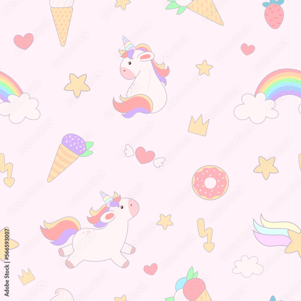 Seamless pattern with cute unicorns, hearts, rainbows, doughnuts, ice cream and other elements Seamless pattern with cute unicorns, hearts, rainbows, doughnuts, ice cream and other elements