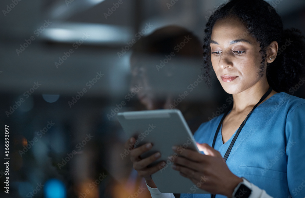 Medical, research and night with doctor and tablet for planning, medicine and schedule. Technology, review and digital with black woman reading report for healthcare, science and life insurance news - obrazy, fototapety, plakaty 