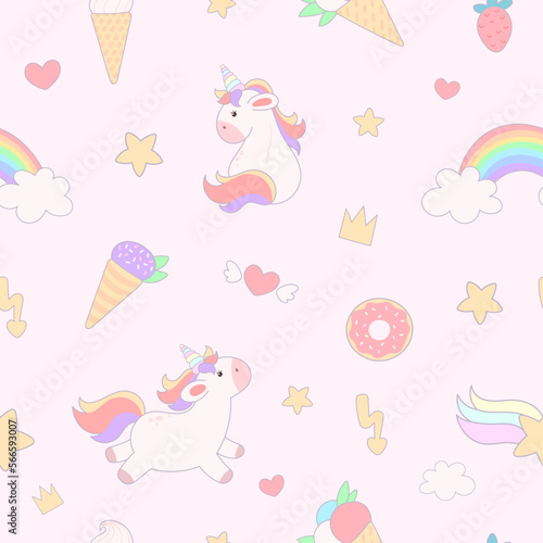 Seamless pattern with cute unicorns, hearts, rainbows, doughnuts, ice cream and other elements