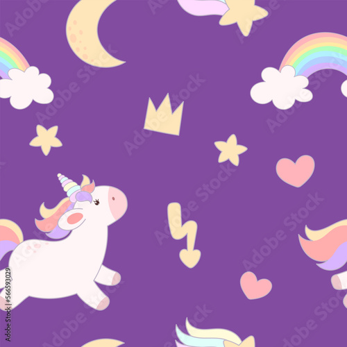 Seamless pattern with cute unicorns, hearts, rainbows, crown, lightning and moon on a dark background