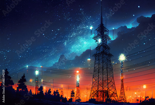 Telecommunication tower with cellular network antennas on night city landscape. Generative Ai Art. Urban skyline. Futuristic scene. Aurora in the sky.