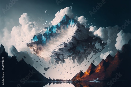 A painting of a snow covered mountain under a cloudy sky, Generative AI
