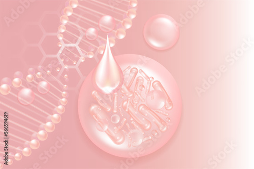 Probiotic and Hyaluronic acid skin solutions ad, pink collagen, and vitamin serum drops with cosmetic advertising background ready to use illustration vector.