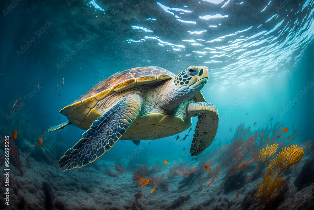 Fototapeta premium The depths of the ocean: underwater diving turtle, Generative AI