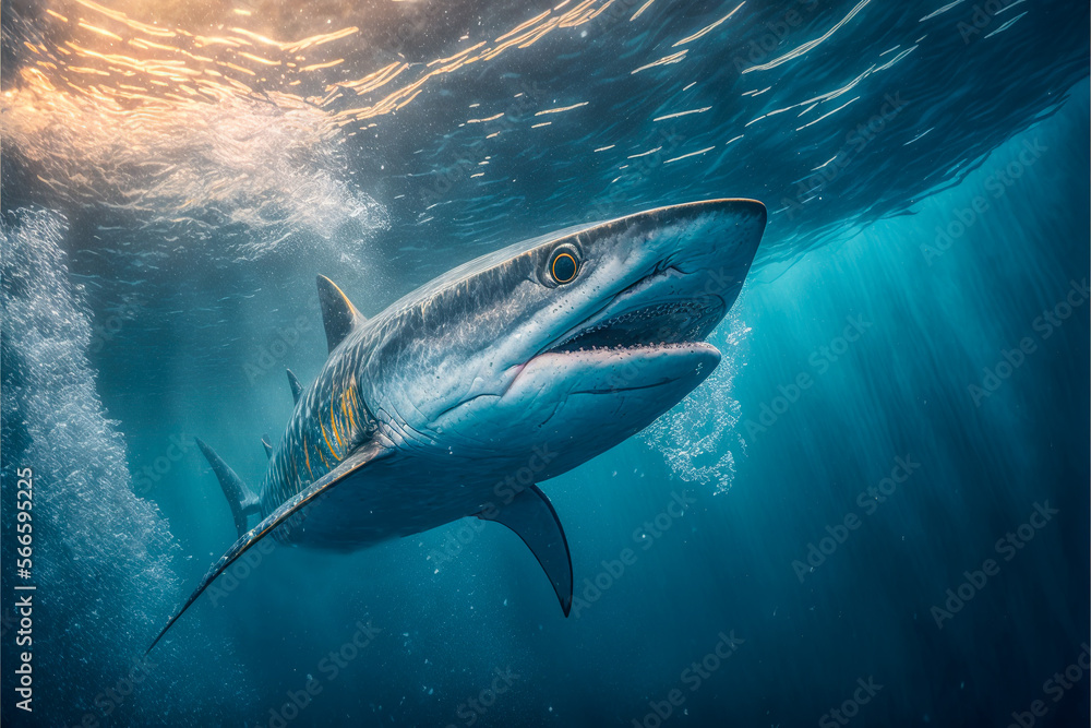Fototapeta premium Underwater mackerel shark diving, Generative AI