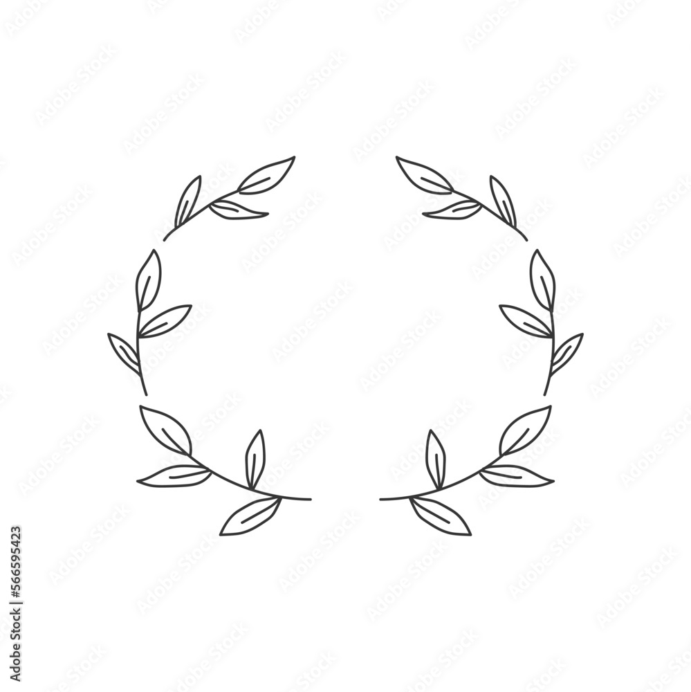 Olive leaves hand drawn wreath for card or wedding invitation. Logo frame, leaves and olive, simple black and white style