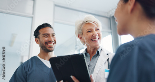 Doctor, team and tablet in discussion with senior for healthcare training, advise or support at hospital. Medical professionals with touchscreen in conversation, collaboration or teamwork at clinic