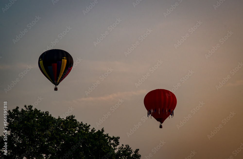 Obraz premium Morning Sunrise Launch Of Hot Air Balloons During a Balloon Festival on Summer Day