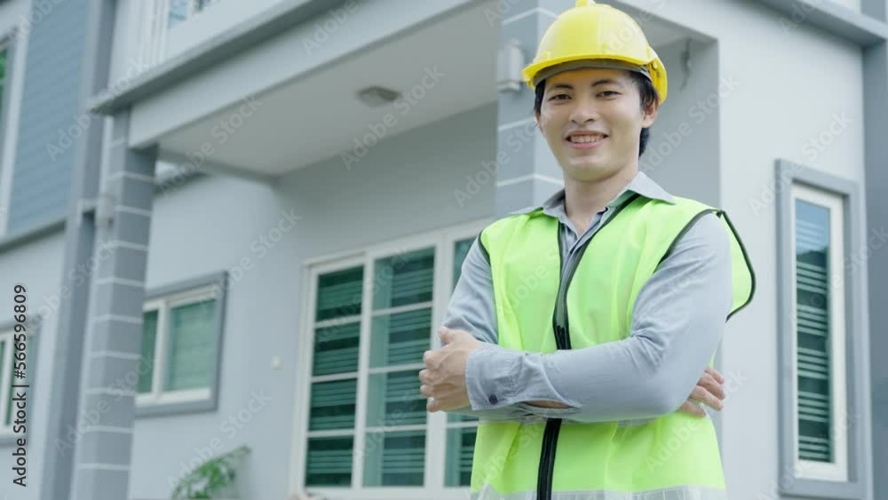 inspector, engineer, Foreman or contactor proudly crosses his arms to inspect the quality of his work. architects work to build the house before handing it over to the homeowner. Develop new estate. inspector, engineer, Foreman or contactor proudly crosses his arms to inspect the quality of his work. architects work to build the house before handing it over to the homeowner. Develop new estate.
