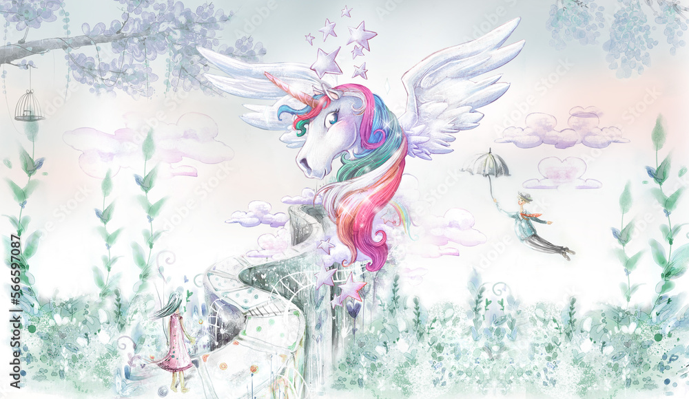 Fairy tale background with magic pegasus for wallpaper, can be used as poster. Botanical art. Mural.  - obrazy, fototapety, plakaty 