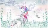 Fairy tale background with magic pegasus for wallpaper, can be used as poster. Botanical art. Mural. 