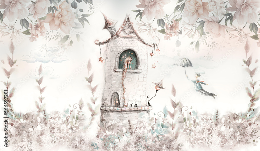 Princess in the tower with floral background. Wallpaper for kids. Mural, art backgronud.  - obrazy, fototapety, plakaty 
