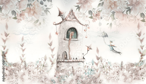 Fototapeta Princess in the tower with floral background. Wallpaper for kids. Mural, art backgronud. 