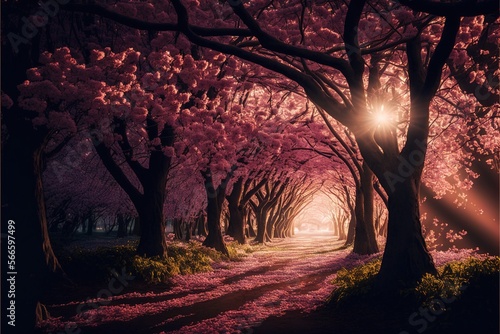  a path lined with trees with pink flowers on them and a light shining through the trees in the distance is a sunbeam in the middle of the picture.  generative ai