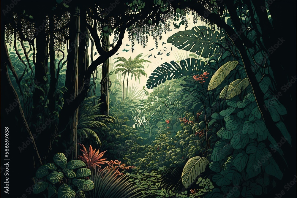  a painting of a jungle with lots of trees and plants on the side of the road and a lot of plants on the side of the road.  generative ai
