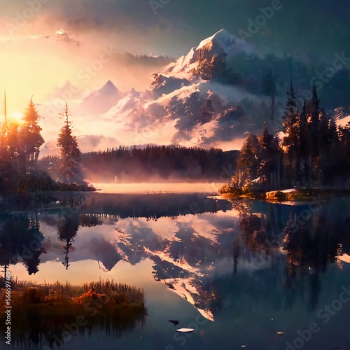 A sunrise over a tranquil lake surrounded by lush forest and snow-capped mountains.