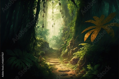  a painting of a path in a jungle with a lot of trees and plants on either side of the path is a hanging light fixture. generative ai