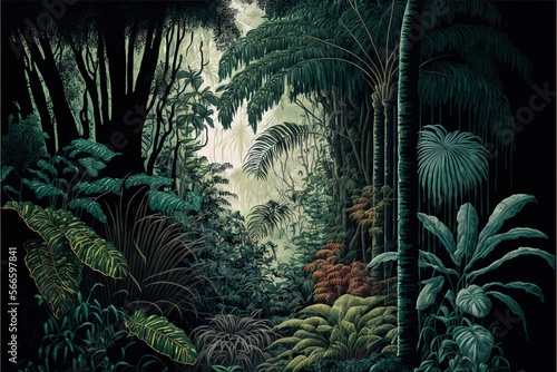  a painting of a jungle with lots of trees and plants on the side of the road and a lot of plants on the side of the road.  generative ai photo