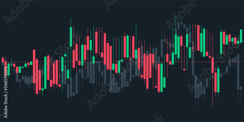 Japanese candlestick graph charts on dark blue background with dash line. Market investment. Forex trading, stock exchange and crypto price technical analysis vector illustration. Traders tool