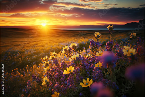 Blooming wildflowers in a meadow with a beautiful sunset