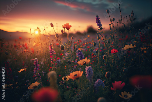 Blooming wildflowers in a meadow with a beautiful sunset