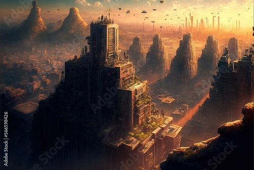  a sci - fi city surrounded by mountains and flying saucers in the sky, with a distant city in the distance, and a distant mountain range in the distance. generative ai