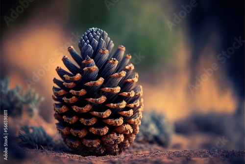  a close up of a pine cone on a dirt ground with a blurry back ground in the background of the image and a blurry background.  generative ai