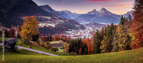 Impressive mountain scenery in the Bavarian Alps. Scenic image of nature landscape during sunset. alpine village of Berchtesgaden and Watzmann massif in background. Bavaria, Popular travel destination