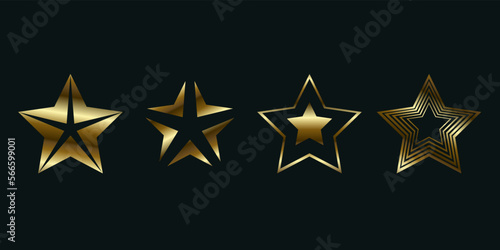 Set of golden luxury stars  premium star shapes in different styles  gold star button on dark background.
