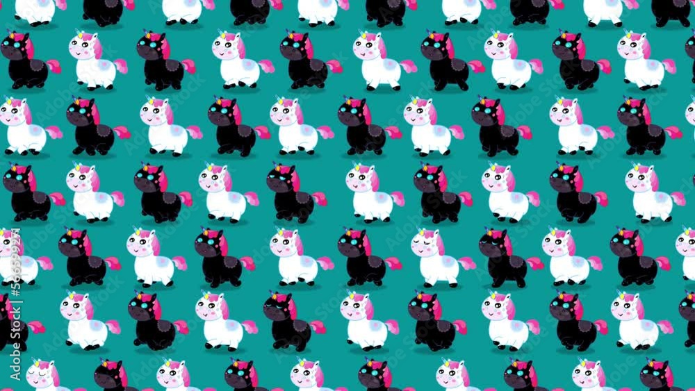 Black and white cartoon unicorns wallpaper on blue background. Cute