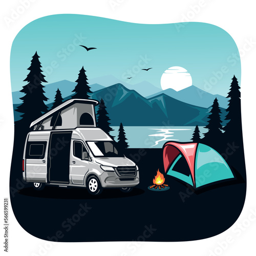 RV camping and camper van concept art. Flat style illustration of beautiful landscape, lake, mountains, forest, tent, and a campfire