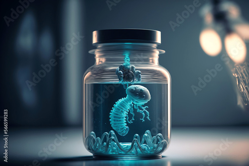 A robotic foetus in a jar in a laboratory . Futuristic robotics research and development concept. Generative AI