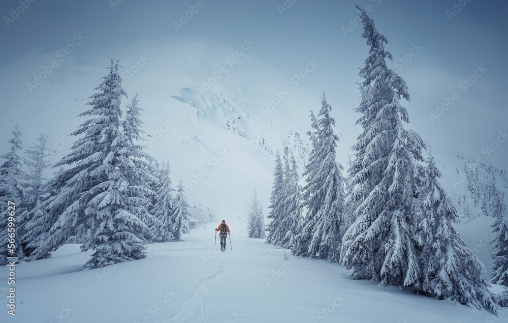 Amazing winter scenery. Man photographer on snowshoes walking  against of Frosty pine trees on snowy highlands to Majestic snowcovered mountain peak on background. concept outdoor activity of Winter